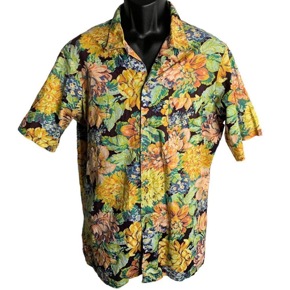 Vintage 70s Paul Howard Button Up Shirt L Purple Floral Short Sleeves Pocket